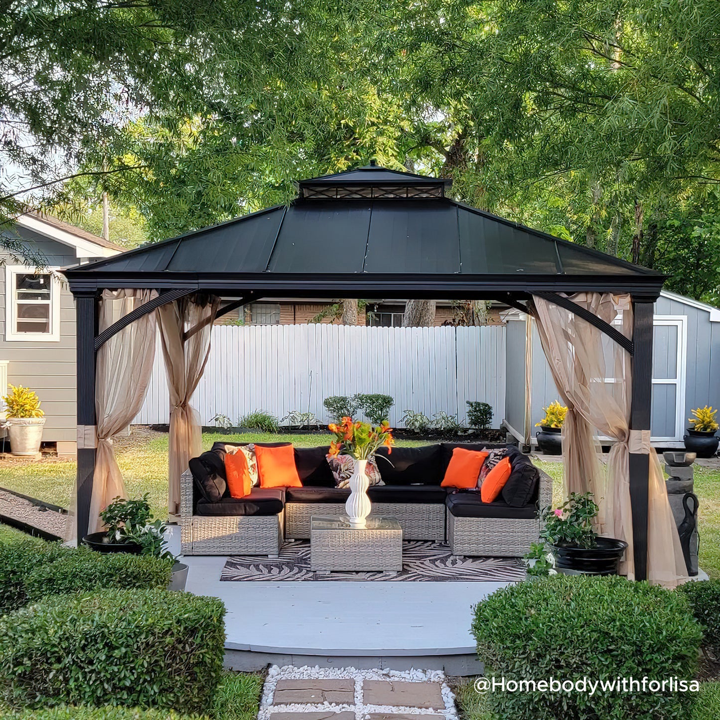TORRE 385cm x 324cm Black 2-Tier Aluminium Hardtop Gazebo - garden view