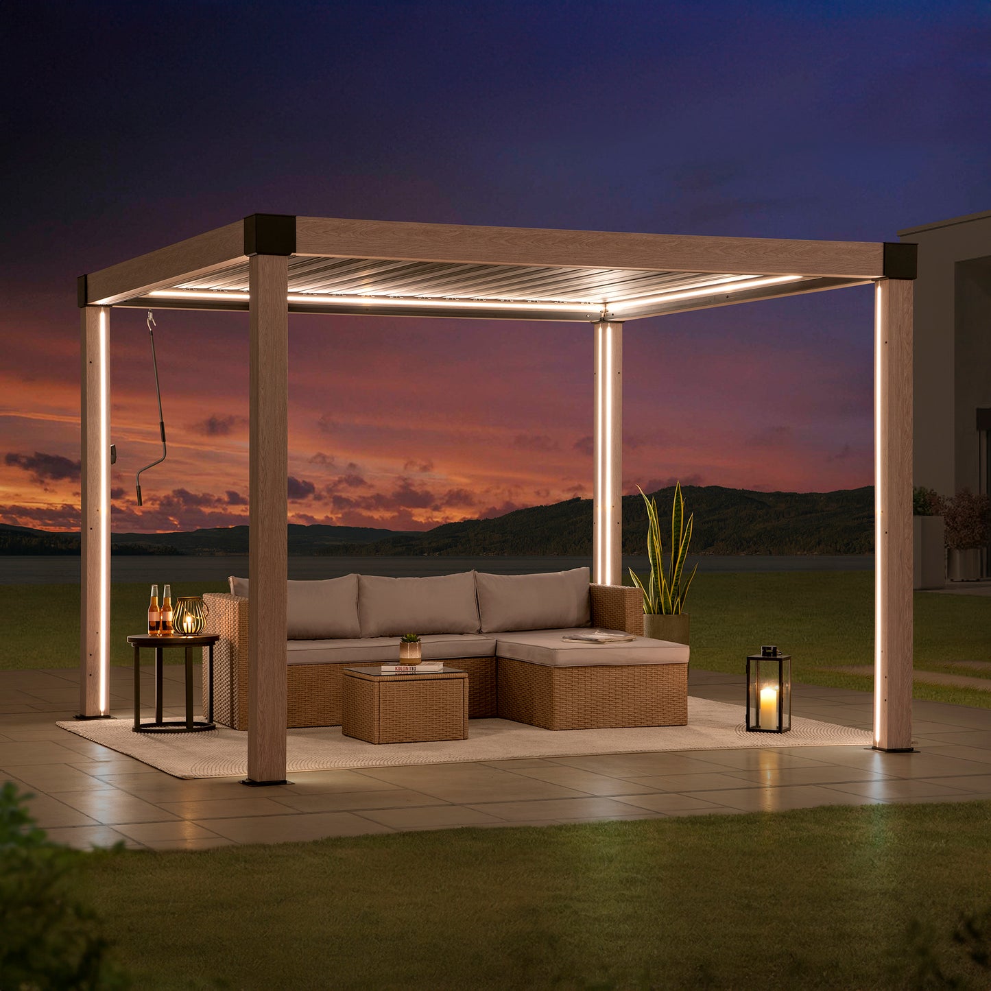 MATTERHORN 306cm x 306cm Beige Steel Multi Pergola with LED Lights - full view night