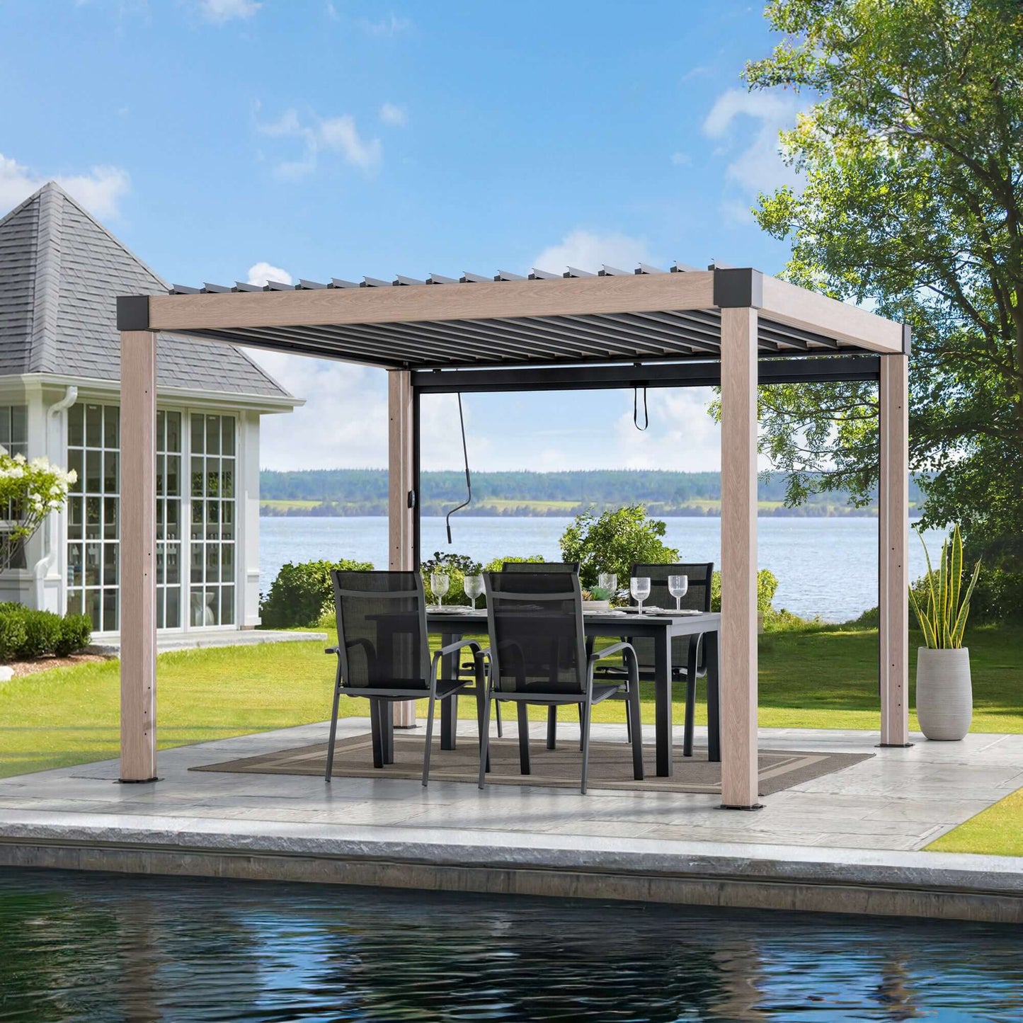 MATTERHORN 306cm x 306cm Beige Steel Multi Pergola with LED Lights - pergola 3 x 3