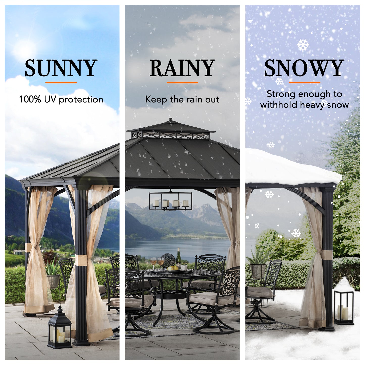 TORRE 385cm x 324cm Black 2-Tier Aluminium Hardtop Gazebo