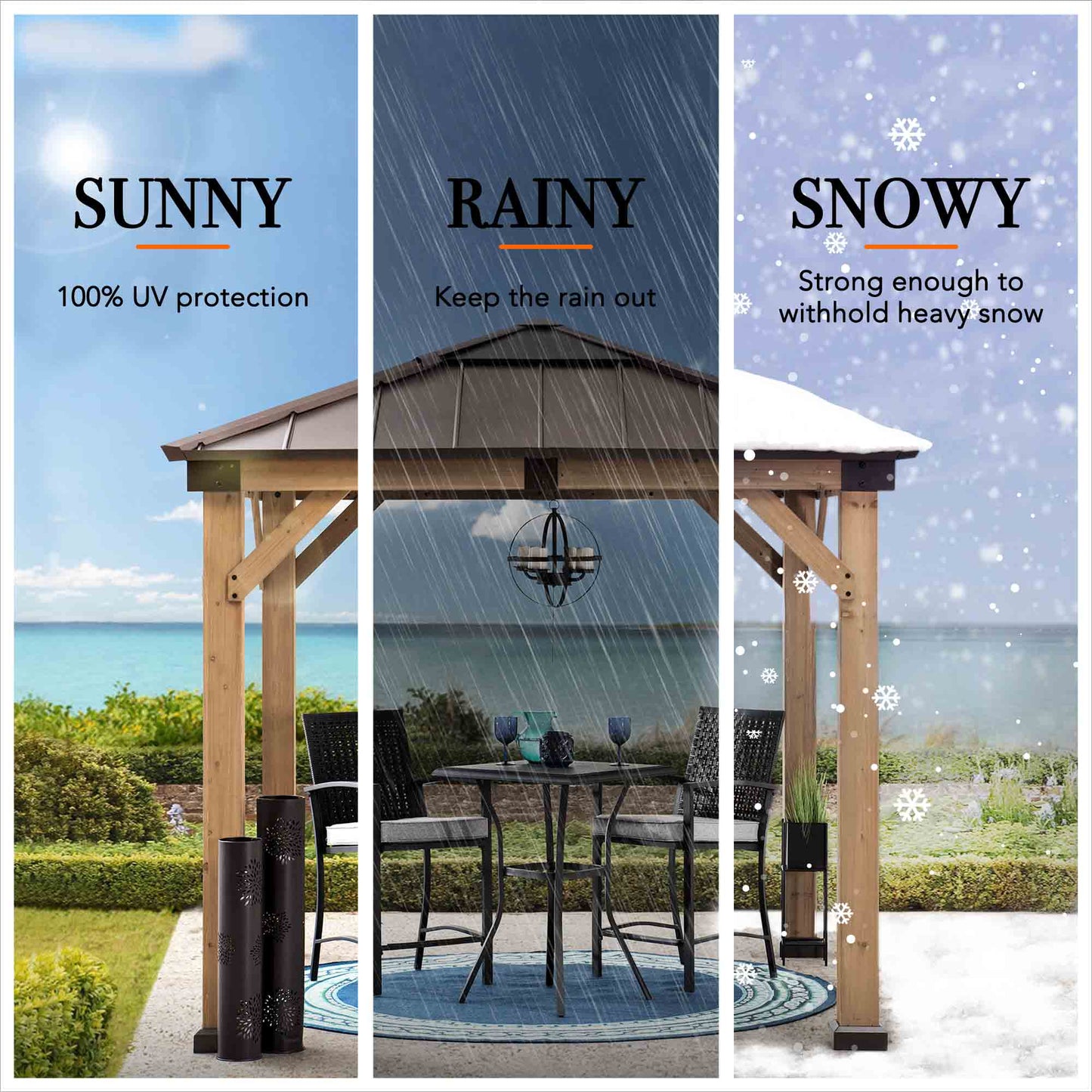 RAPI 273cm x 273cm Cedar Framed Gazebo with Brown Steel and Polycarbonate Hip Roof