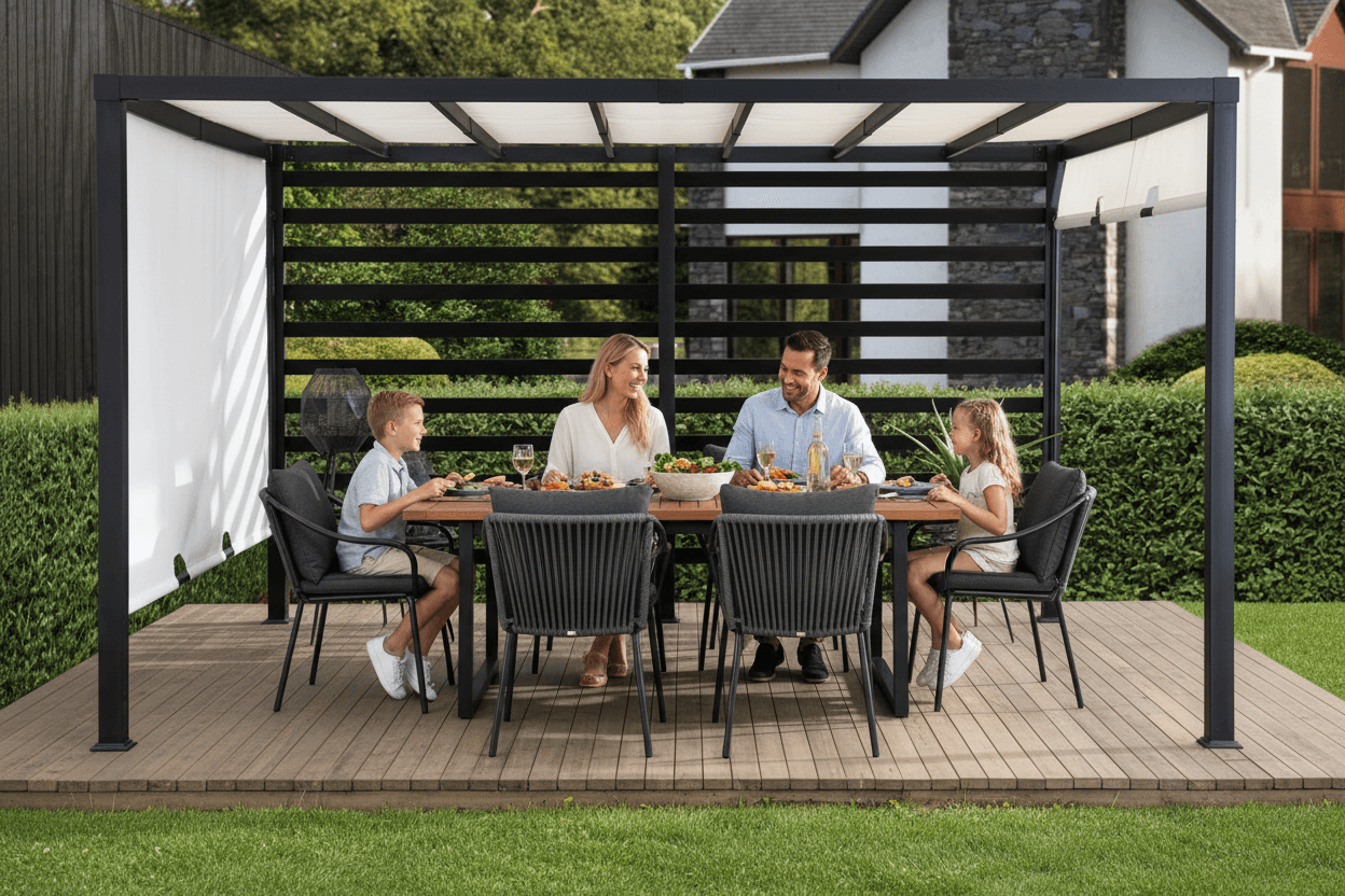 Happy family having lunch under steel black pergola with white foldable fabric