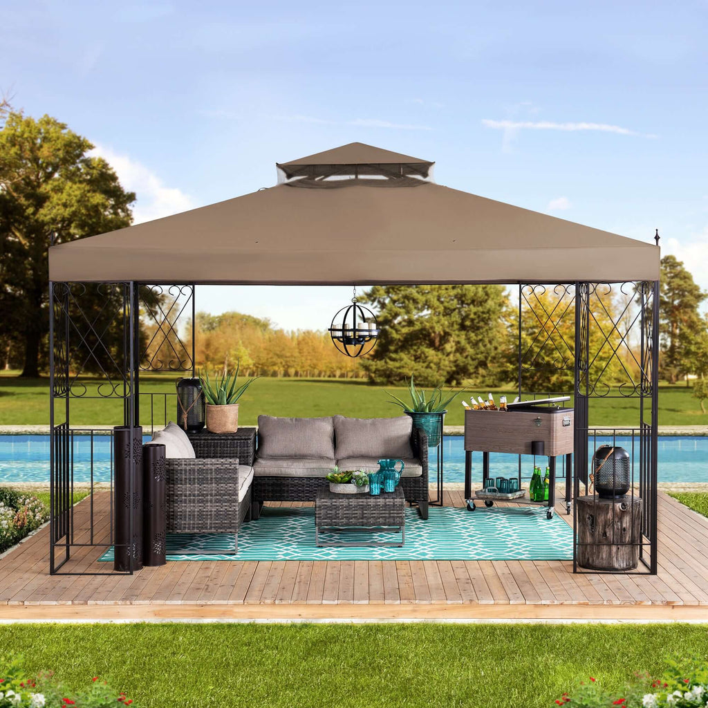 ANETO 305cm x 366cm Steel Canopy Gazebo with 2-tier Khaki Soft Top - full view day