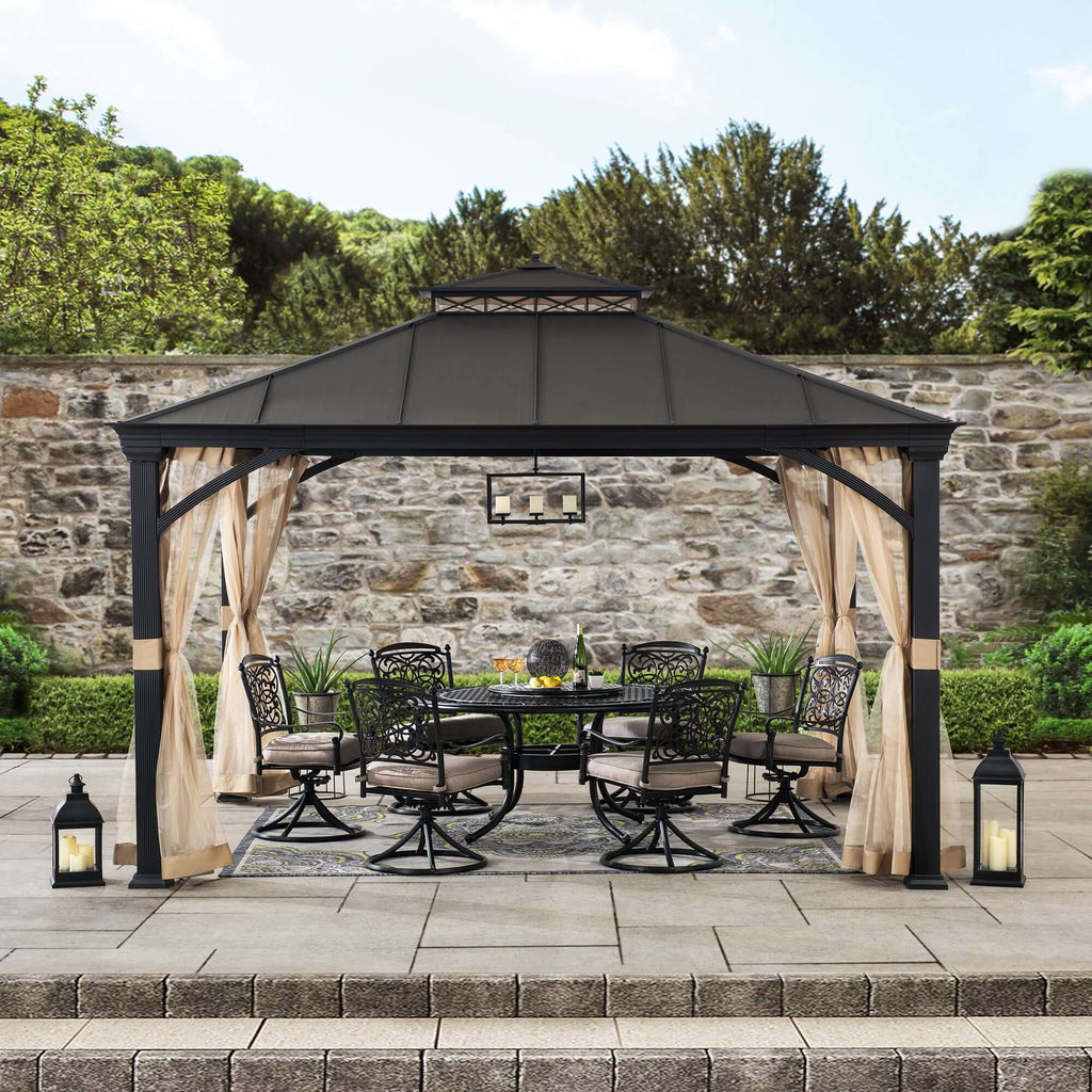 TORRE 385cm x 324cm Black 2-Tier Aluminium Hardtop Gazebo - full view day