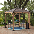 RAPI 273cm x 273cm Cedar Framed Gazebo with Brown Steel and Polycarbonate Hip Roof - full view day