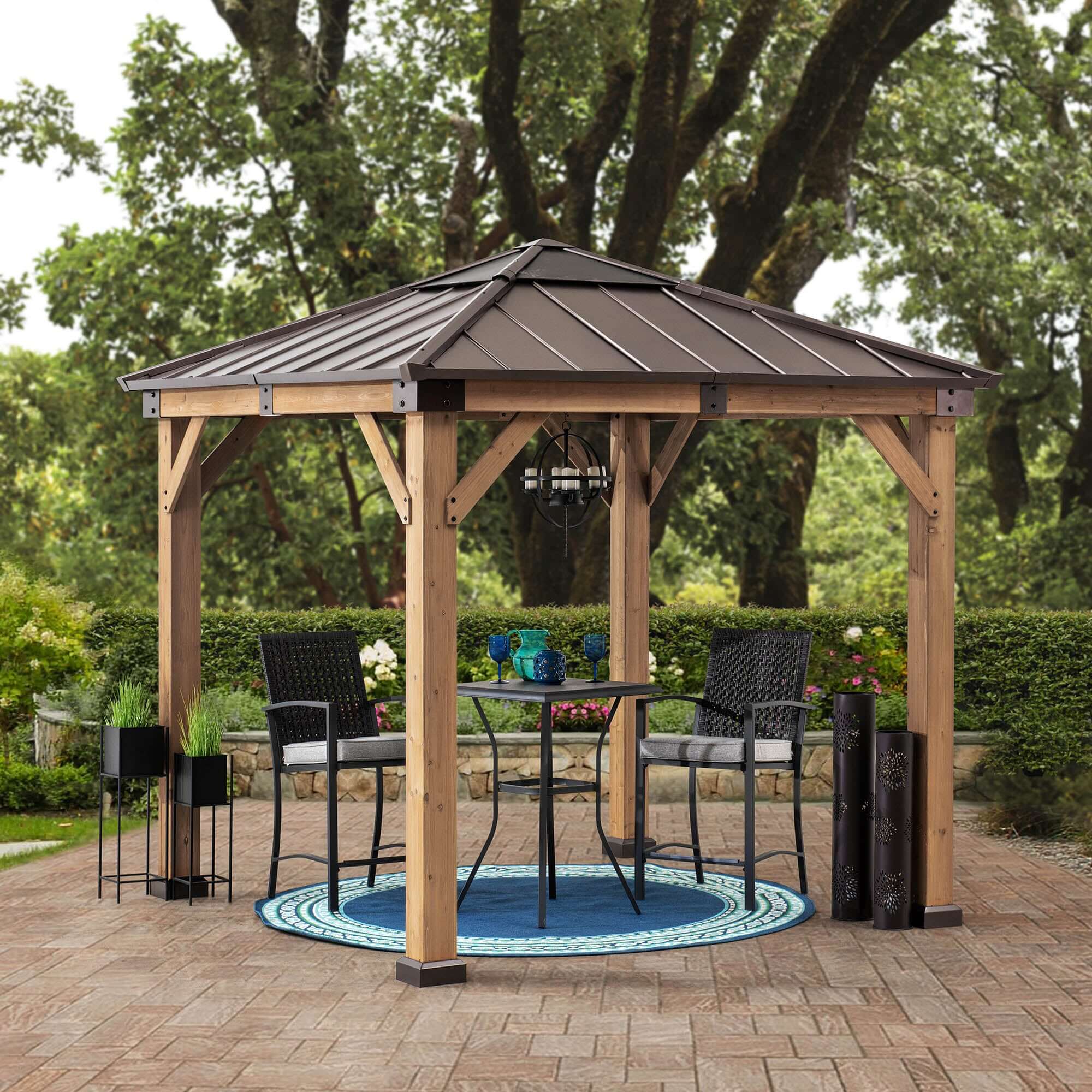 RAPI 273cm x 273cm Cedar Framed Gazebo with Brown Steel and Polycarbonate Hip Roof - full view day