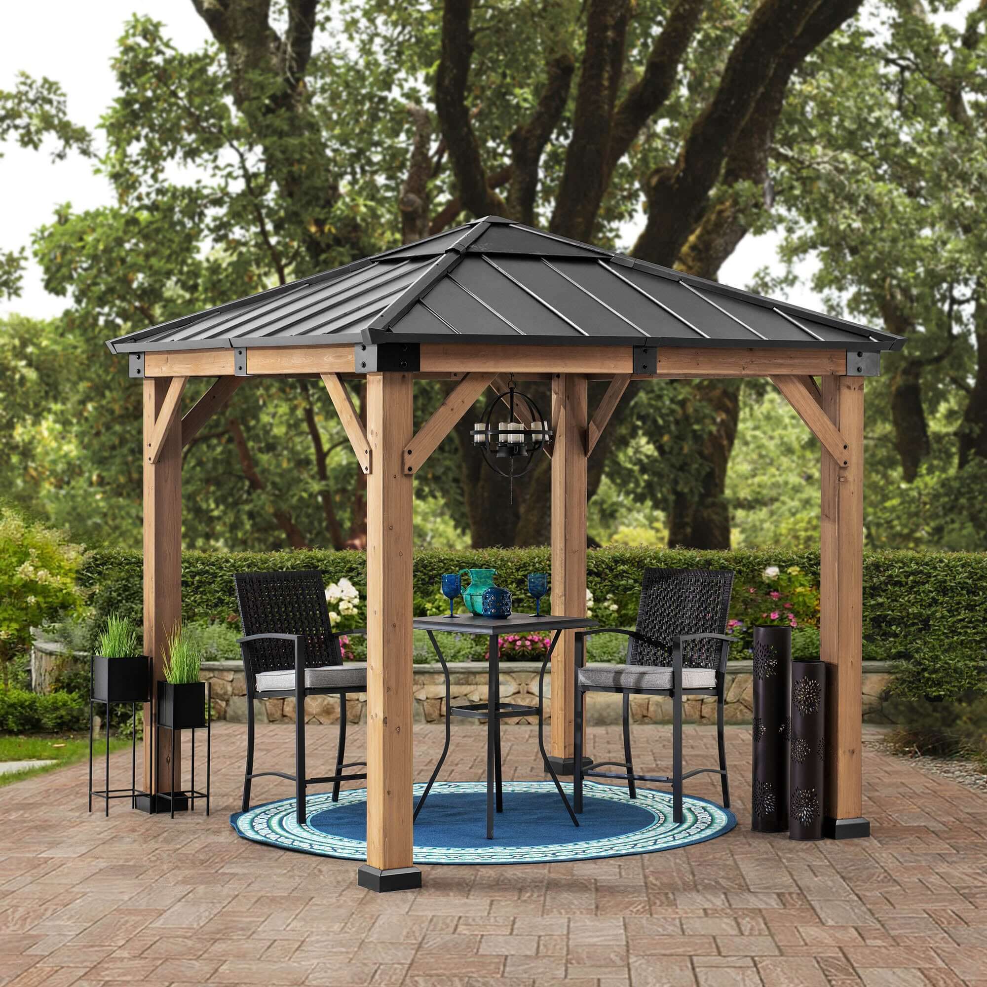 RAPI 273cm x 273cm Cedar Framed Gazebo with Anthracite Steel and Polycarbonate Hip Roof - full view day