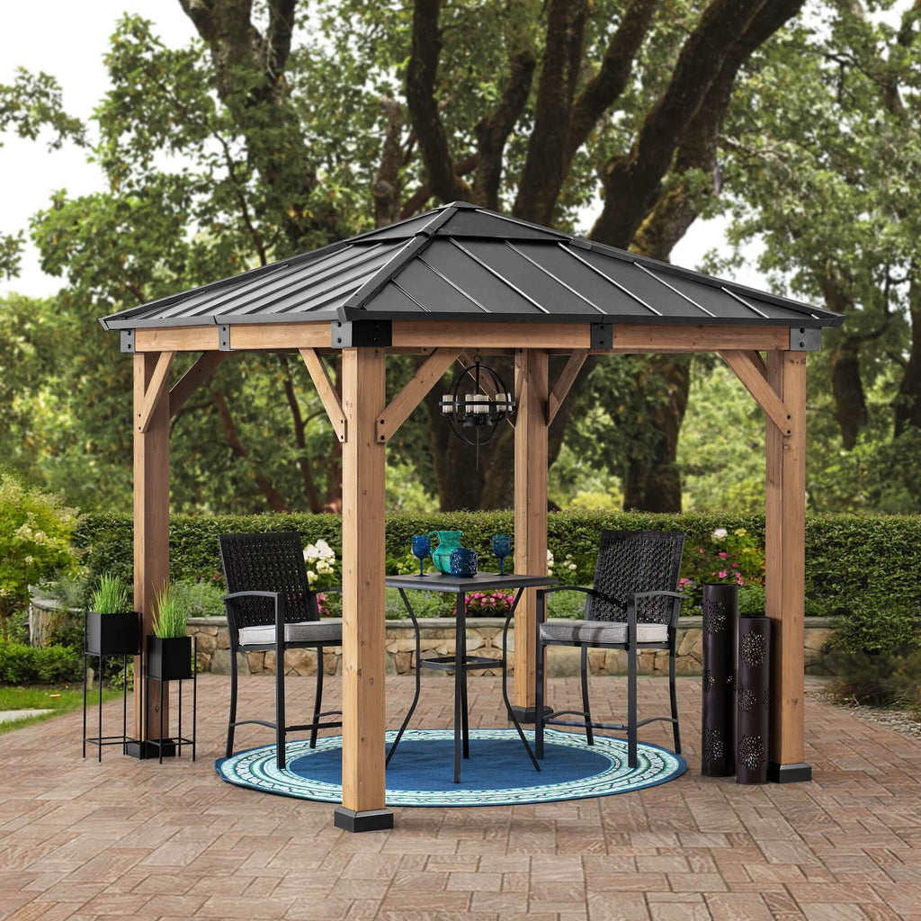 RAPI 273cm x 273cm Cedar Framed Gazebo with Gray Steel and Polycarbonate Hip Roof