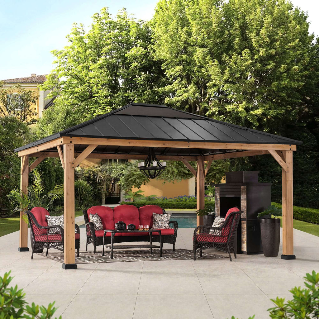 ERNIR 393cm x 452cm Cedar Wood Gazebo with Anthracite Steel Hardtop Roof - full view day