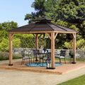 PAPS 335cm x 335cm Cedar Framed Gazebo with Brown Steel 2-tier Hip Roof - full view day