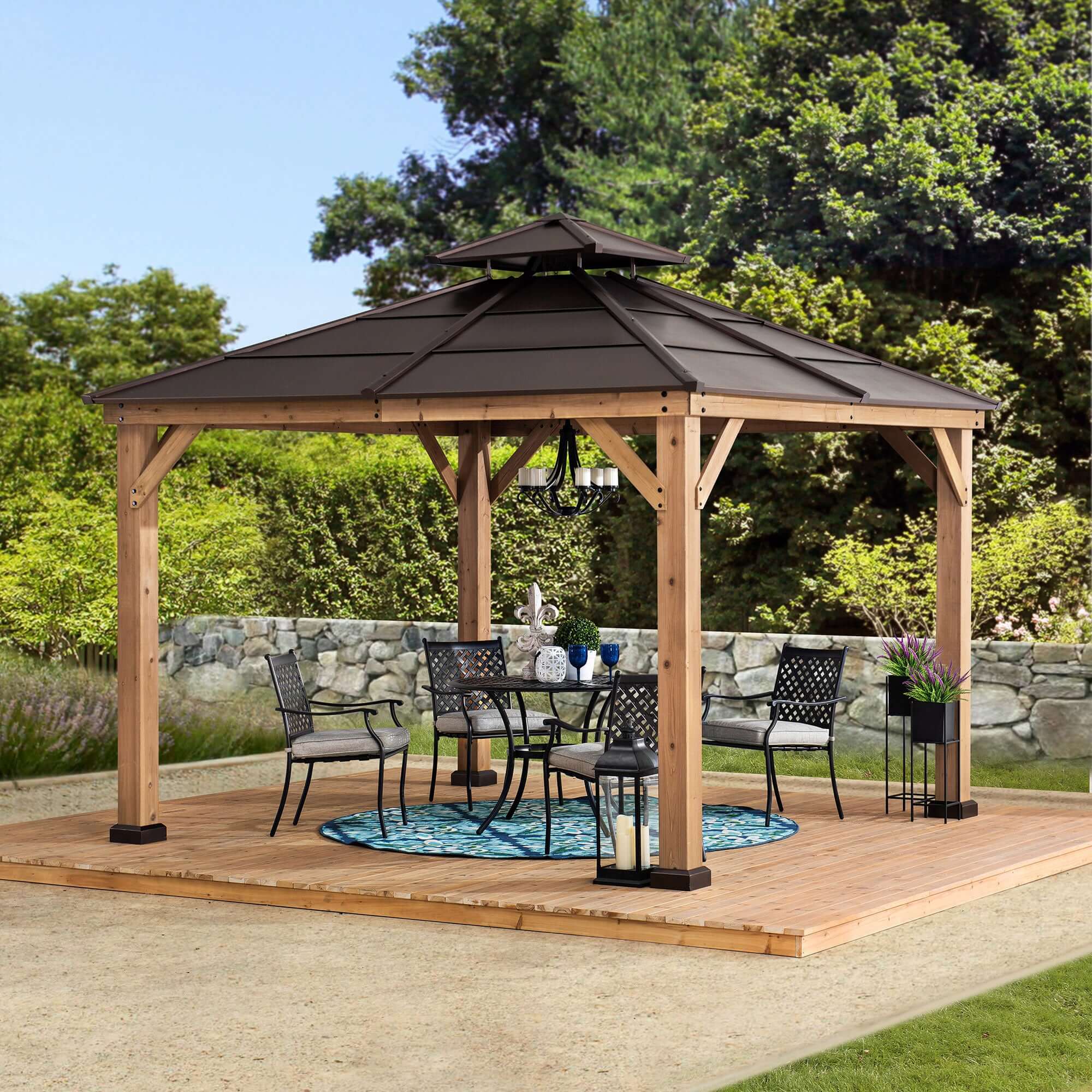 PAPS 335cm x 335cm Cedar Framed Gazebo with Brown Steel 2-tier Hip Roof - full view day
