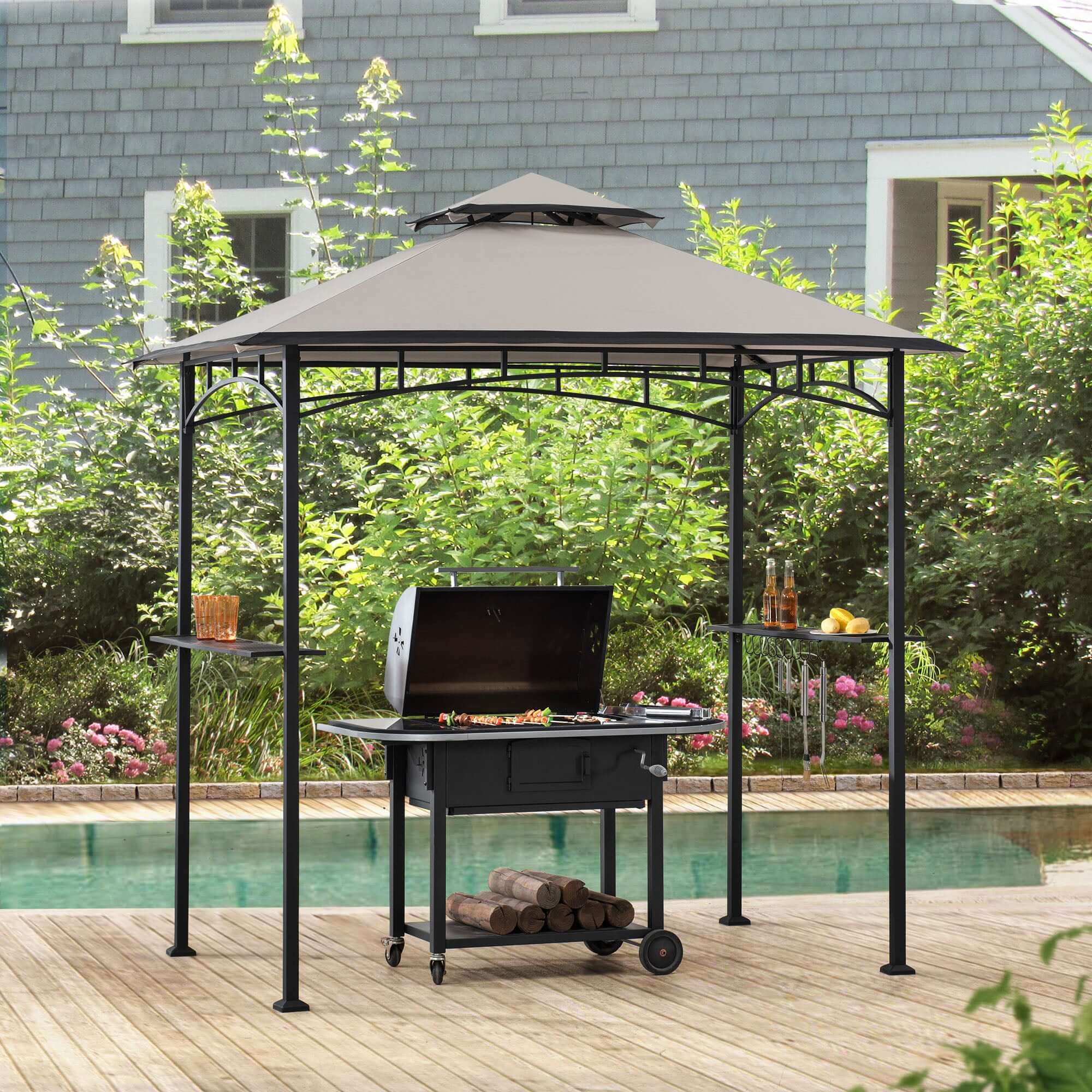 LINAS 152cm x 244cm Black Steel 2-tier Grill Gazebo - full view day
