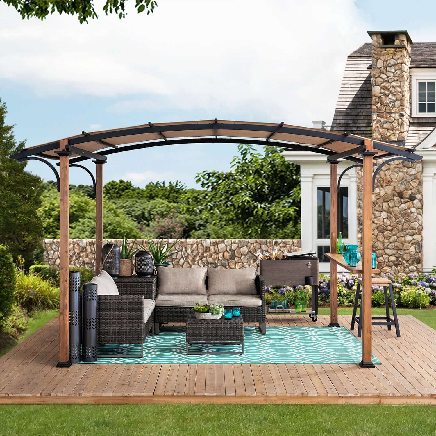 SKUTA 259cm x 406cm Steel Arched Canopy Pergola with Beige Fabric Soft Top - pergola de vanzare