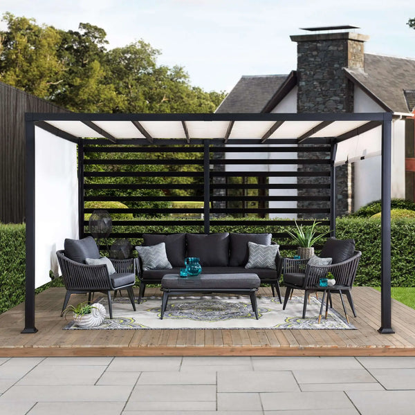 OETA 304cm x 372cm Steel Adjustable Canopy Pergola with White Fabric Soft Top - pergola canopy roof