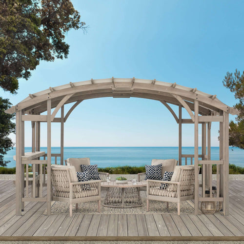 DAJTI 305cm x 427cm Cedar Wood Arched Pergola with Gray Fabric Soft Top - pergola 3x4