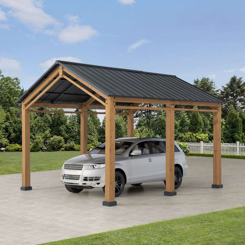 KORAB 335cm x 400cm Cedar Wood Carport with Anthracite Steel Roof - car auto