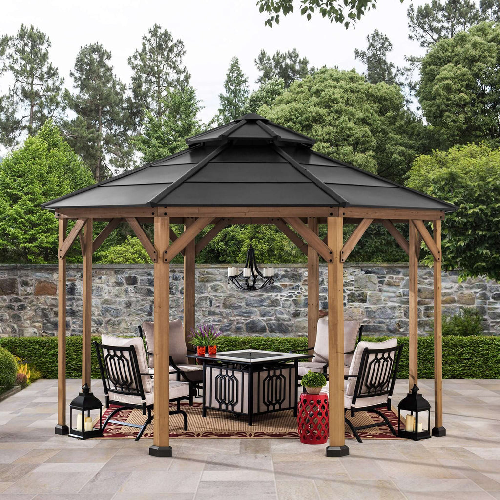 EGGI 395cm x 395cm Cedar Framed Octagon Gazebo with Anthracite Steel 2-tier Hardtop -full view day