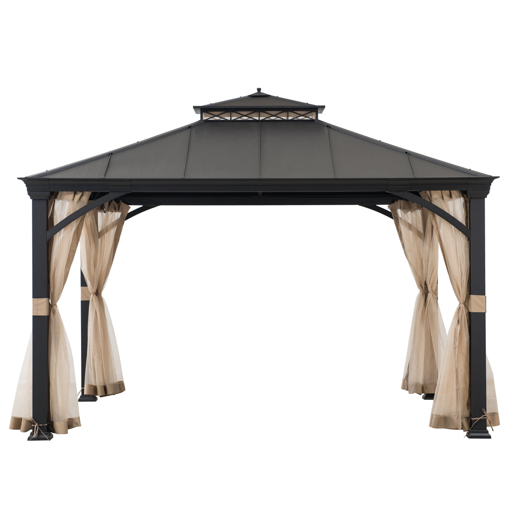 TORRE 385cm x 324cm Black 2-Tier Aluminium Hardtop Gazebo - open