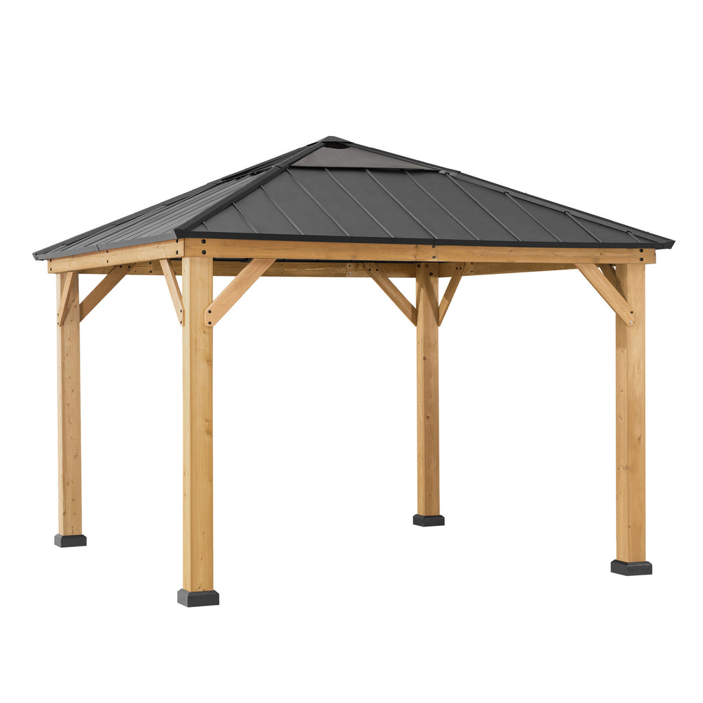 PIRIN 336cm x 336cm Cedar Framed Gazebo with Anthracite Gray Steel and Polycarbonate Hip Roof - side