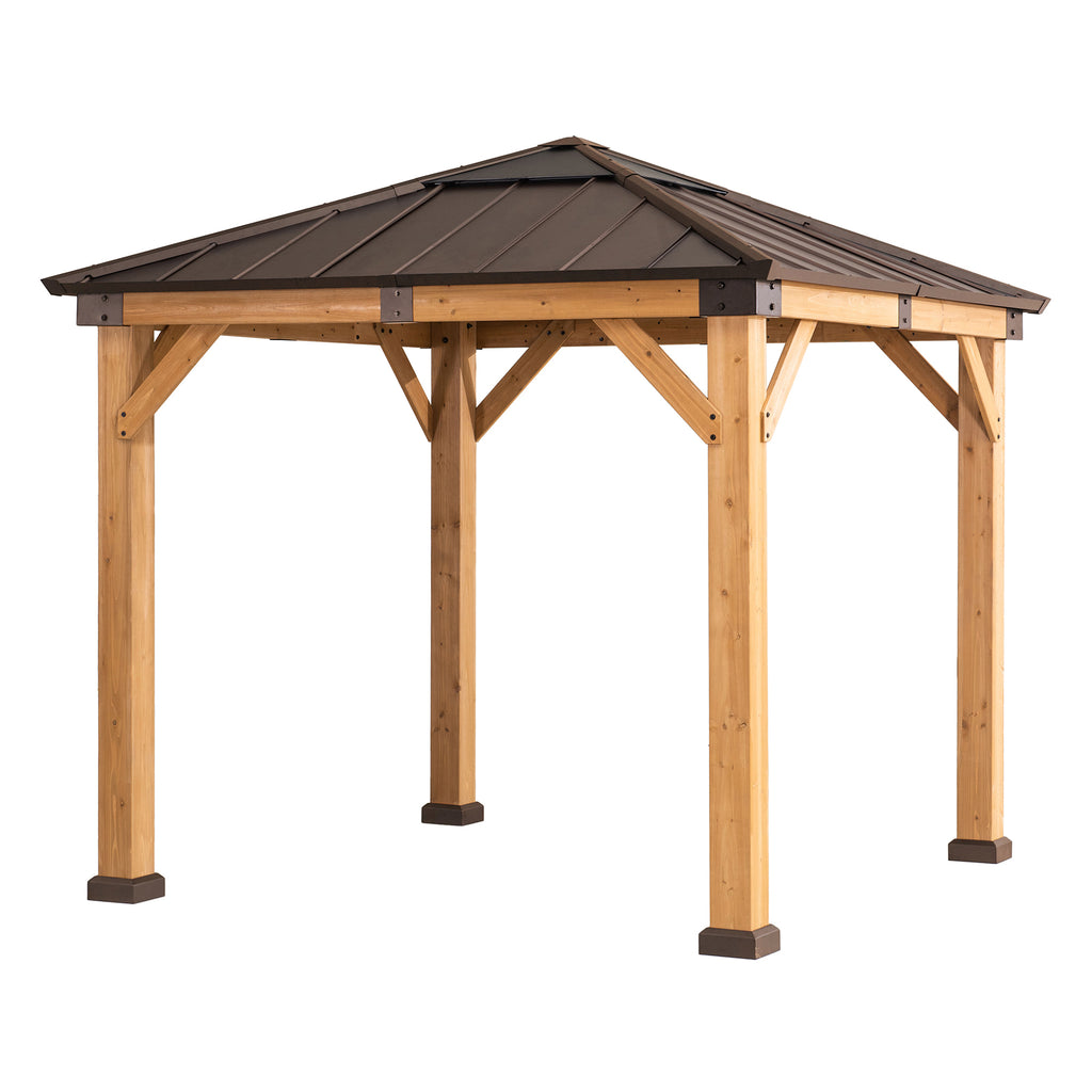 RAPI 273cm x 273cm Cedar Framed Gazebo with Brown Steel and Polycarbonate Hip Roof - side