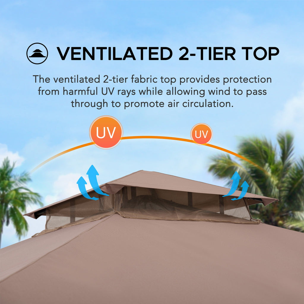 LAURO 340cm x 340cm Brown Fabric Steel Canopy with Ventilated 2-tier Top