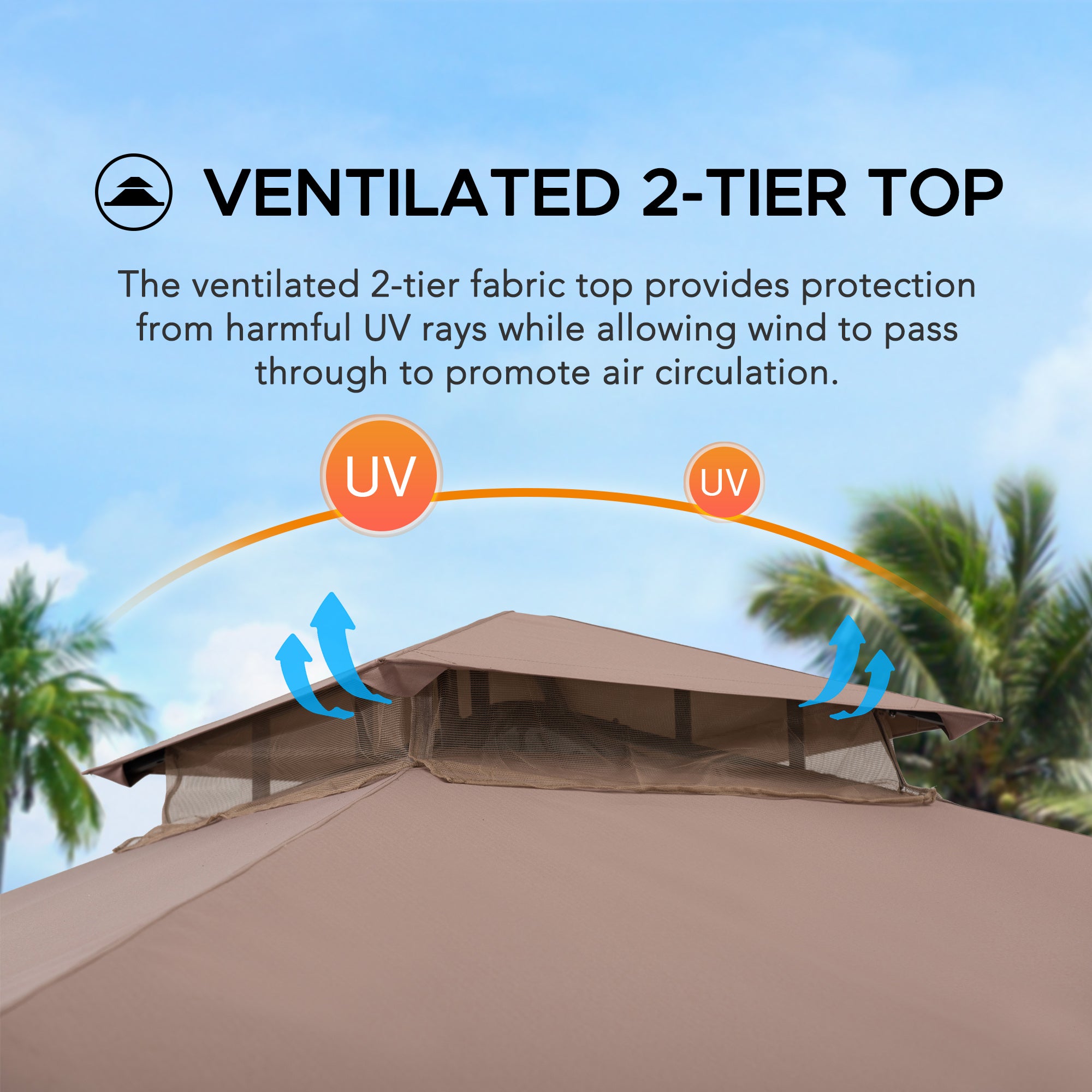 LAURO 340cm x 340cm Brown Fabric Steel Canopy with Ventilated 2-tier Top