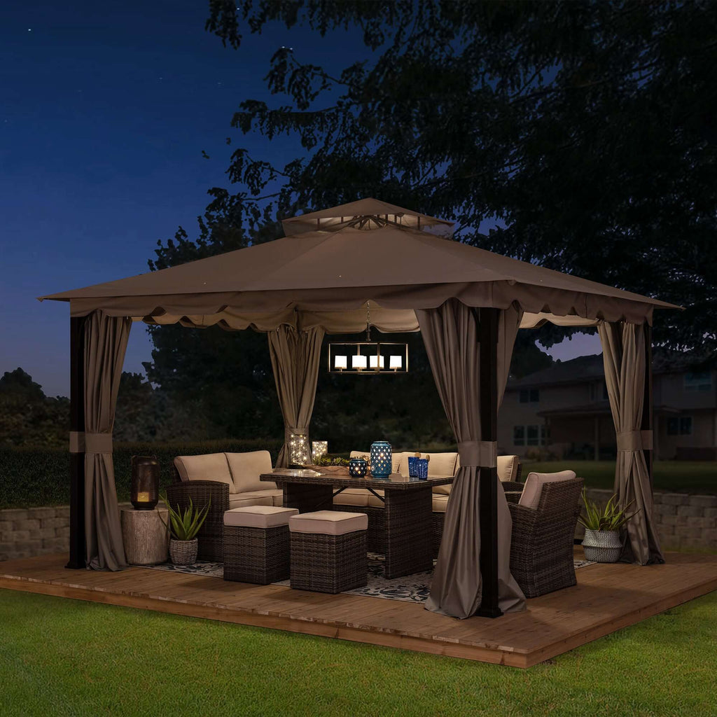 STOJ 396cm x 330cm Gray Steel Gazebo with 2-tier Hip Roof - full view night