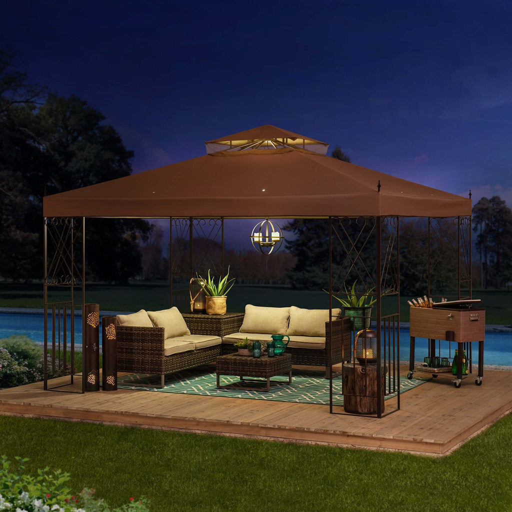 ANETO 305cm x 366cm Steel Canopy Gazebo with 2-tier Khaki Soft Top - full view night