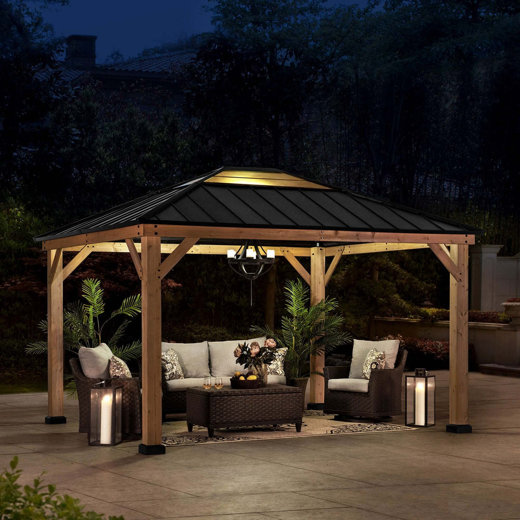 BRURI 395cm x 337cm Cedar Framed Gazebo - full viw night
