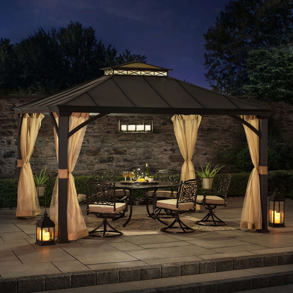 TORRE 385cm x 324cm Black 2-Tier Aluminium Hardtop Gazebo - full view night