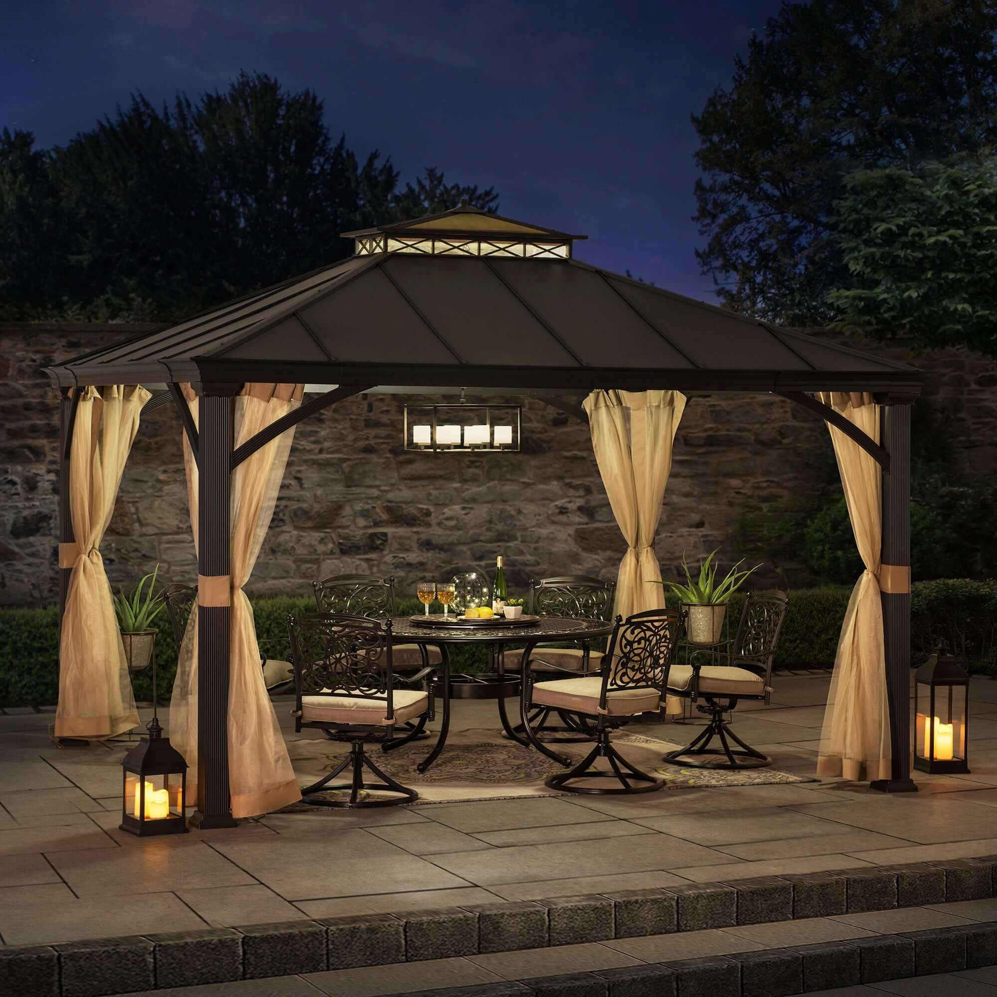 TORRE 385cm x 324cm Black 2-Tier Aluminium Hardtop Gazebo - full view night