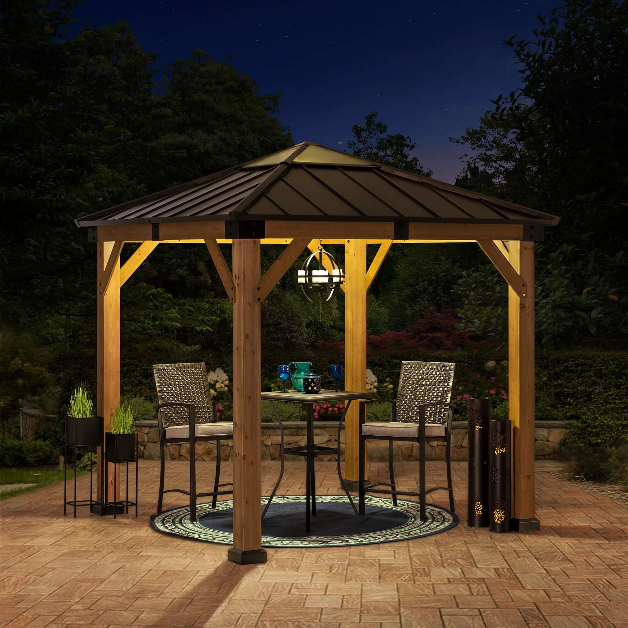 RAPI 273cm x 273cm Cedar Framed Gazebo with Brown Steel and Polycarbonate Hip Roof - full view night