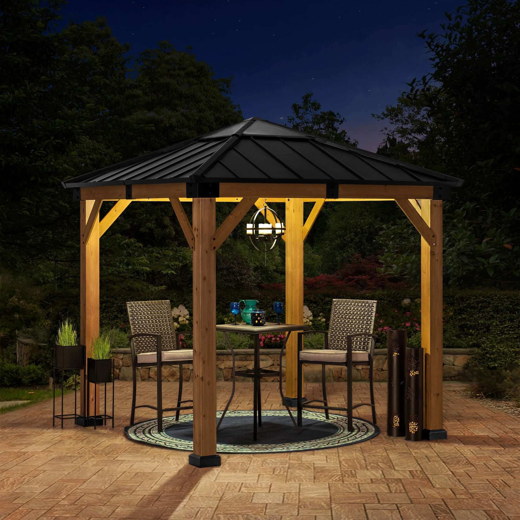 RAPI 273cm x 273cm Cedar Framed Gazebo with Anthracite Steel and Polycarbonate Hip Roof - full view night