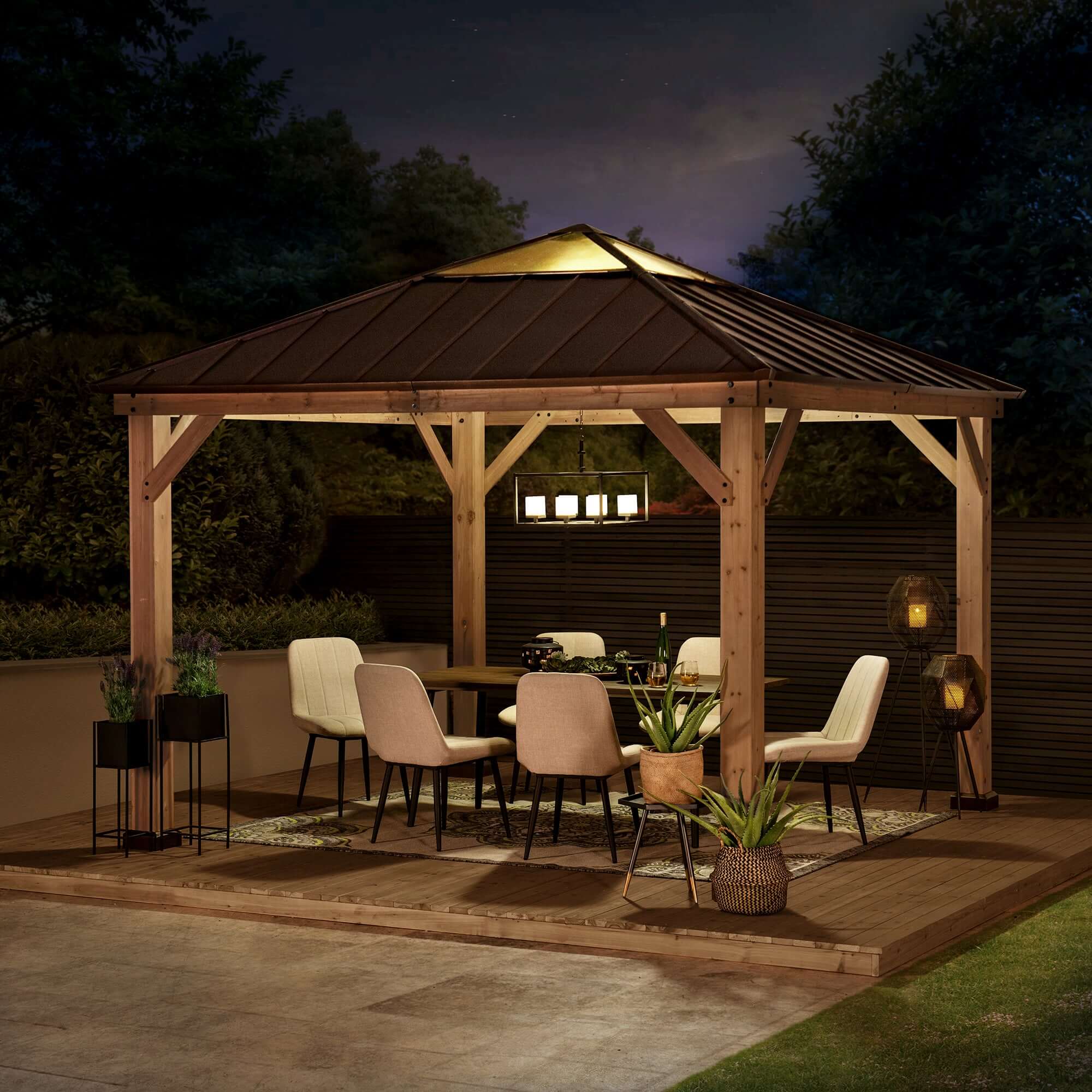 PIRIN 336cm x 336cm Cedar Framed Gazebo with Anthracite Brown Steel and Polycarbonate Hip Roof - night