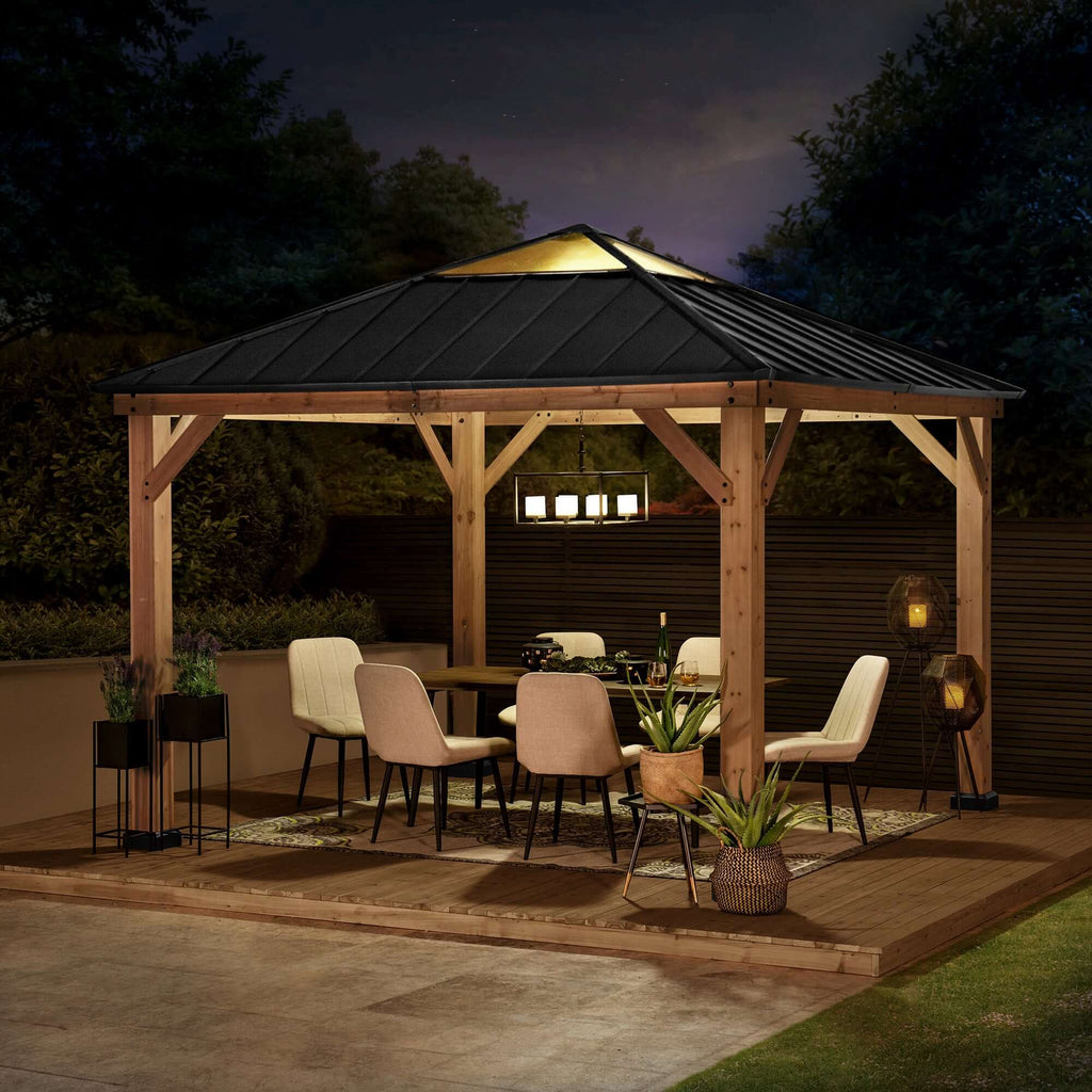 PIRIN 336cm x 336cm Cedar Framed Gazebo with Anthracite Gray Steel and Polycarbonate Hip Roof - full view night