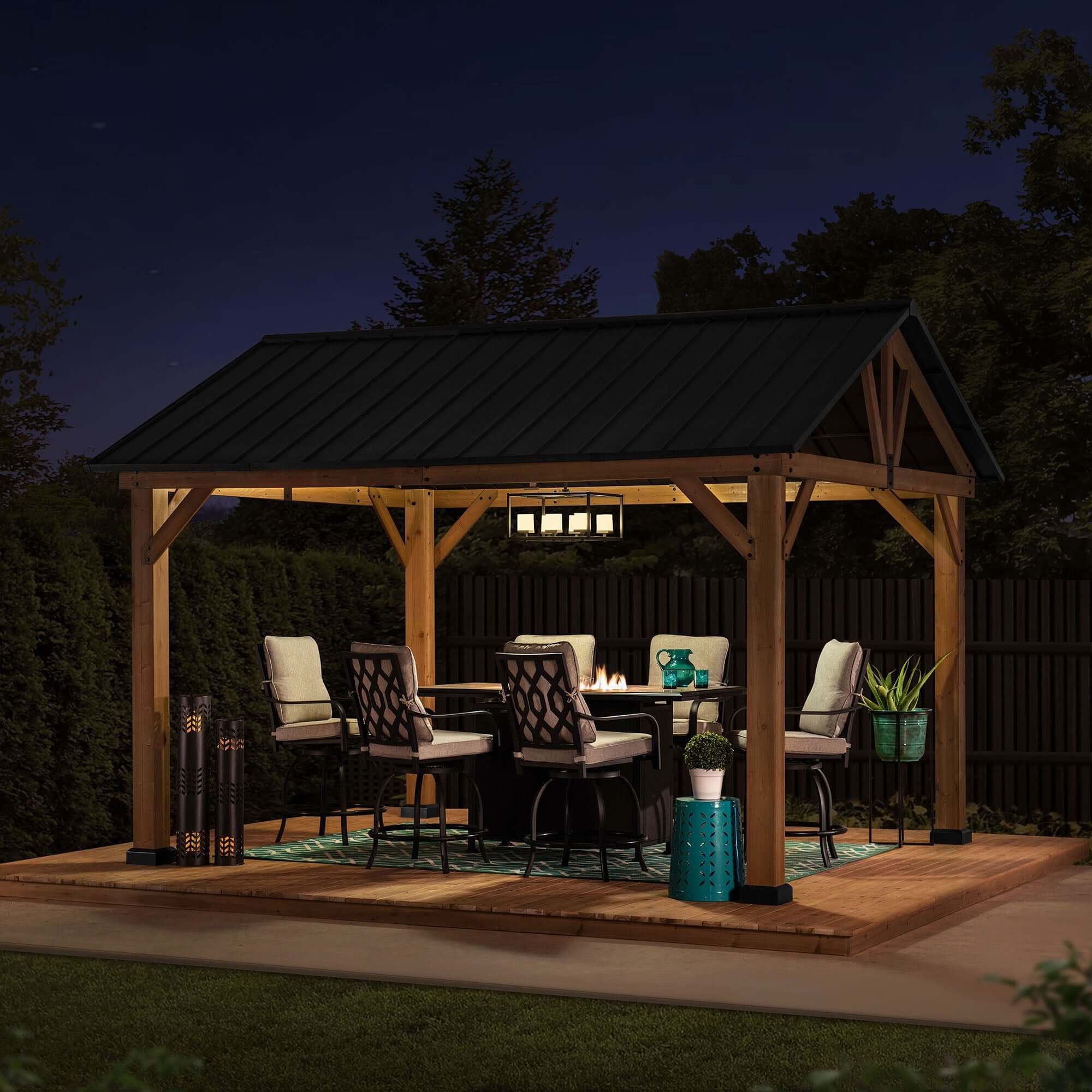 TÖDI 336cm x 400cm Cedar Framed Gazebo with Anthracite Steel Gable Hardtop - full view night
