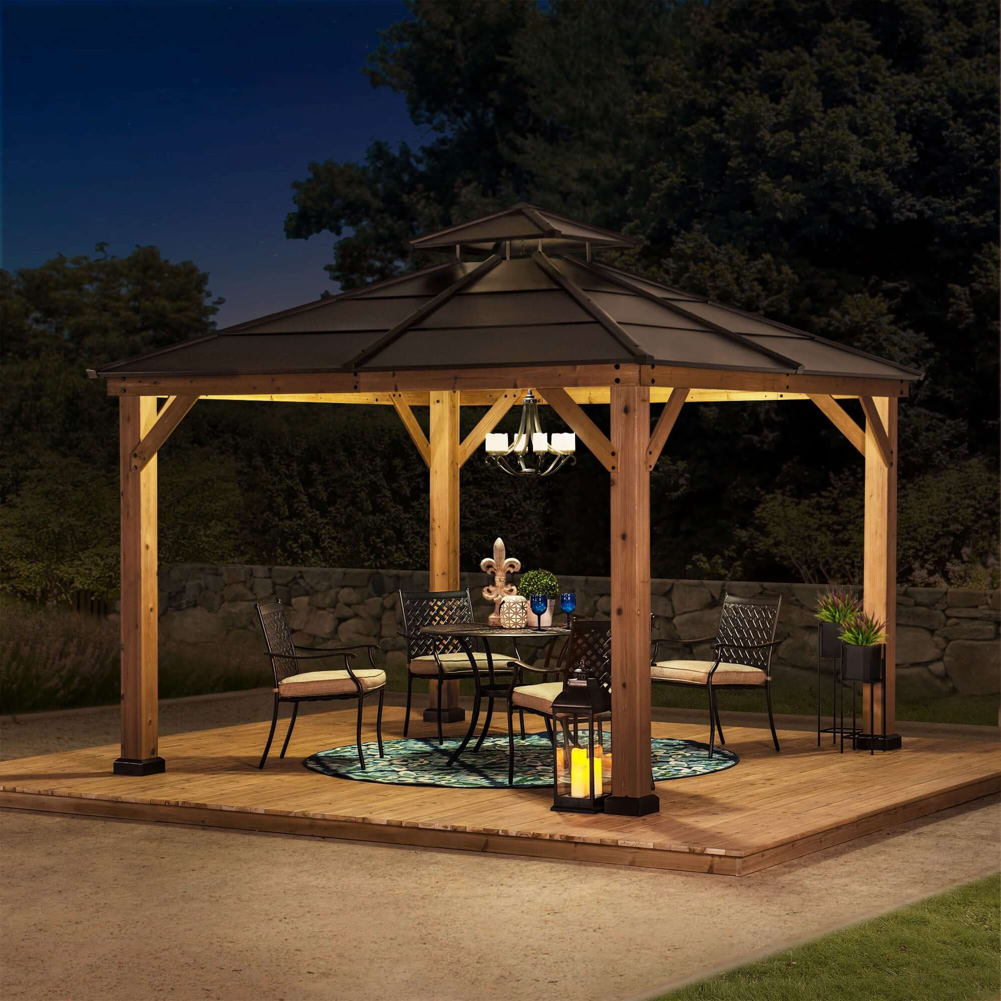 PAPS 335cm x 335cm Cedar Framed Gazebo with Brown Steel 2-tier Hip Roof - full view night