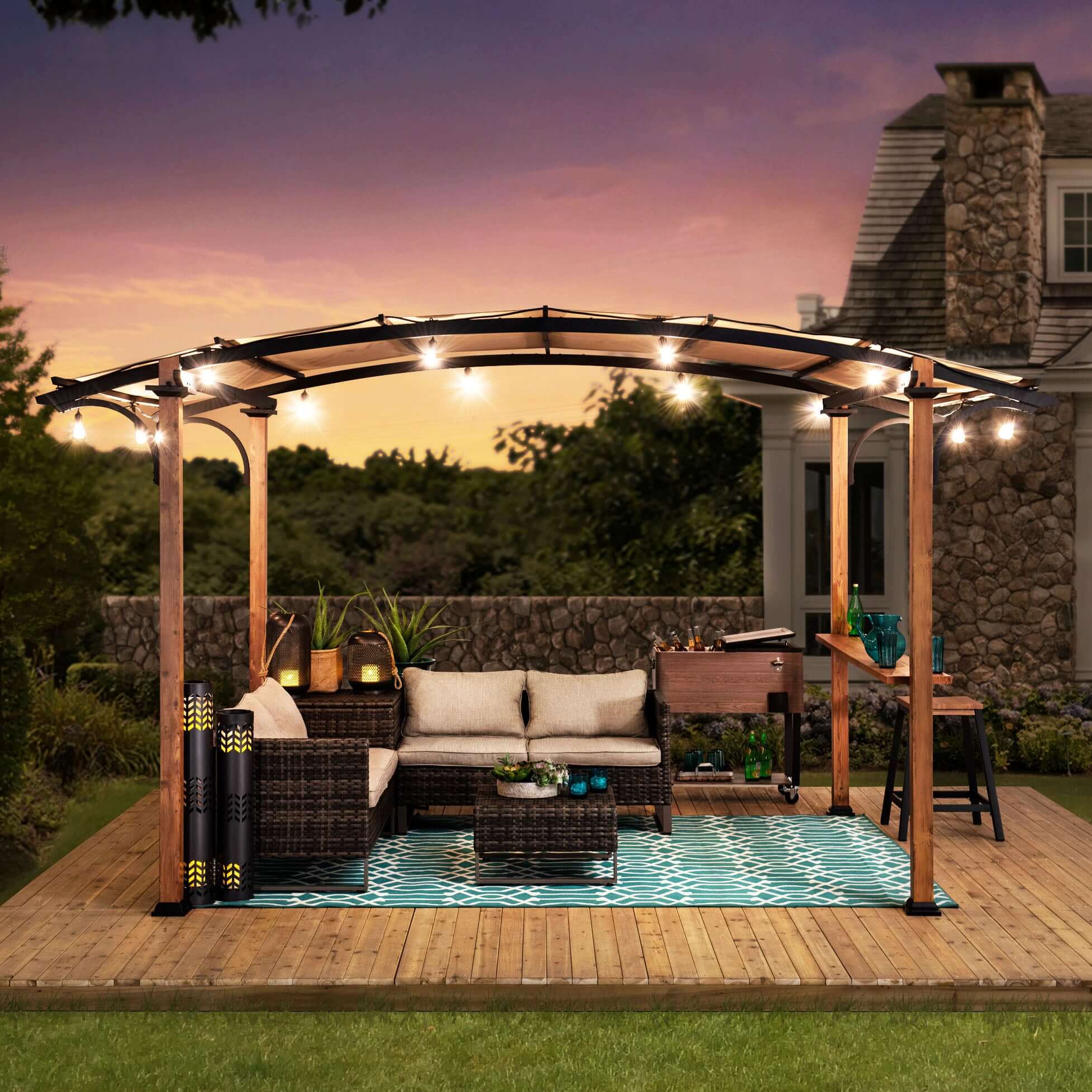 SKUTA 259cm x 406cm Steel Arched Canopy Pergola with Beige Fabric Soft Top - pergola de perete