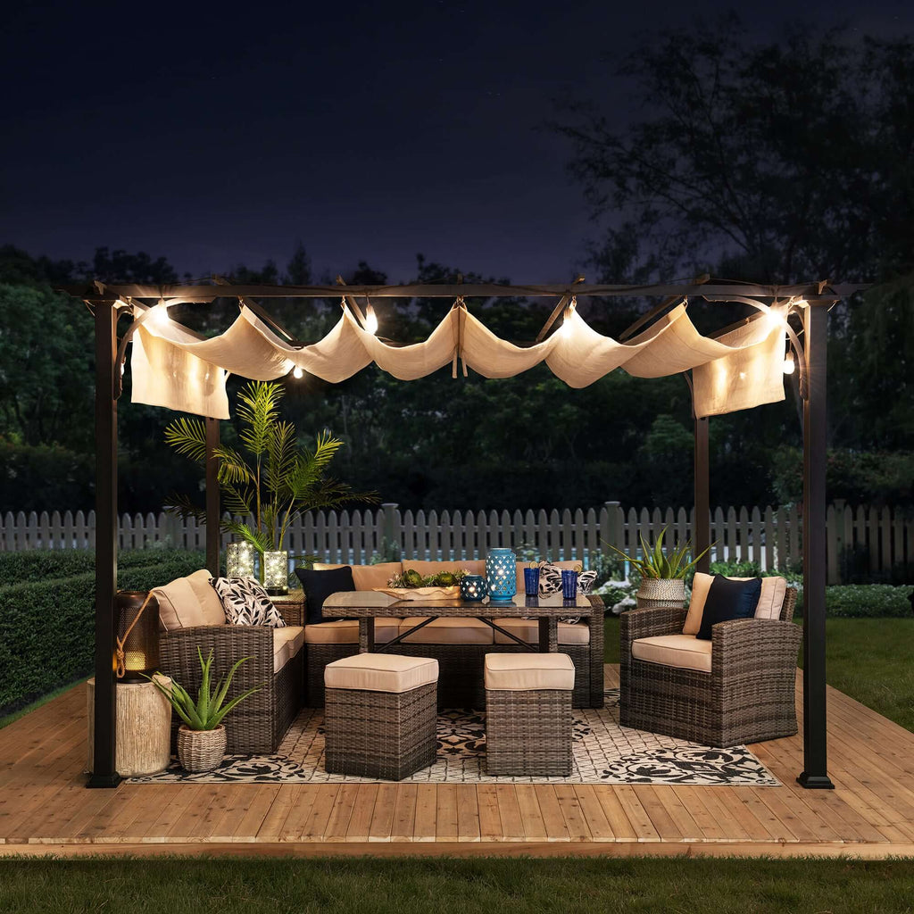 GIONA 277cm x 363cm Steel Adjustable Canopy Pergola with Beige Fabric Soft Top - pergola da balcone