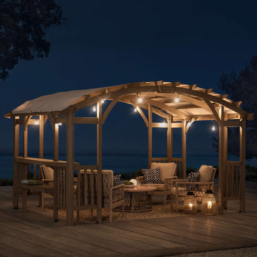 DAJTI 305cm x 427cm Cedar Wood Arched Pergola with Gray Fabric Soft Top - family pergola