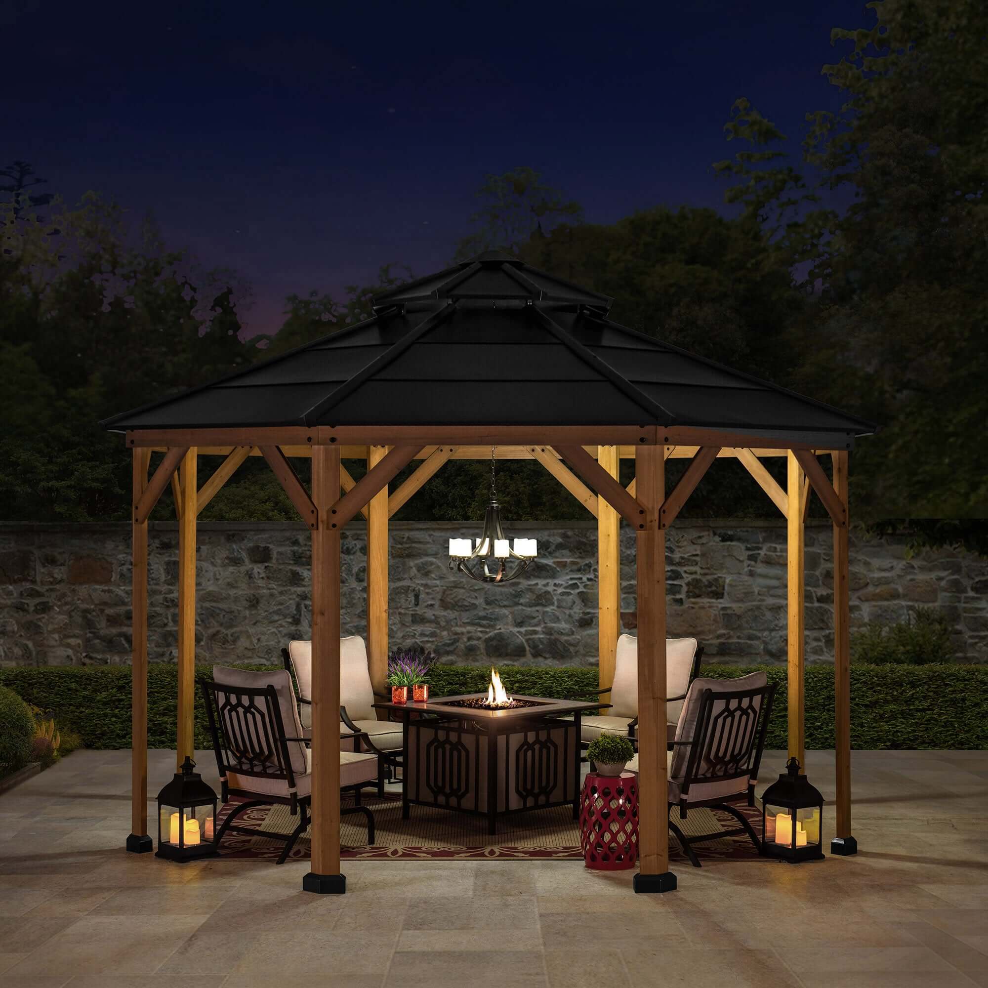 EGGI 395cm x 395cm Cedar Framed Octagon Gazebo with Anthracite Steel 2-tier Hardtop - full view night