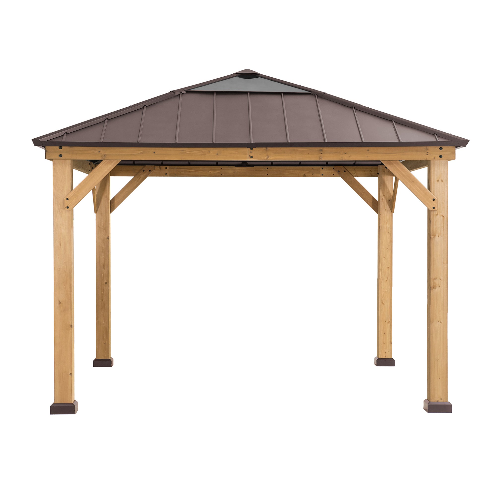 PIRIN 336cm x 336cm Cedar Framed Gazebo with Anthracite Brown Steel and Polycarbonate Hip Roof - front