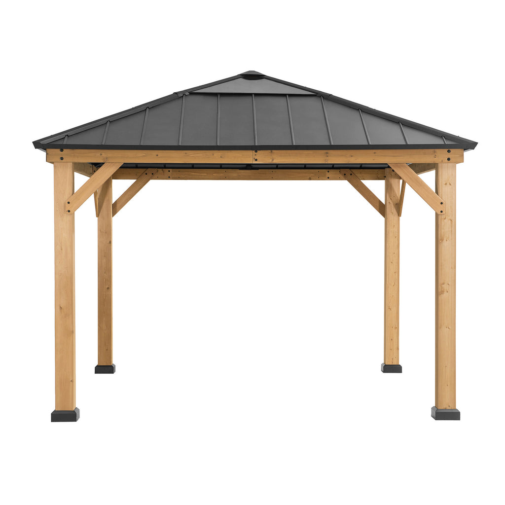 PIRIN 336cm x 336cm Cedar Framed Gazebo with Anthracite Gray Steel and Polycarbonate Hip Roof - front