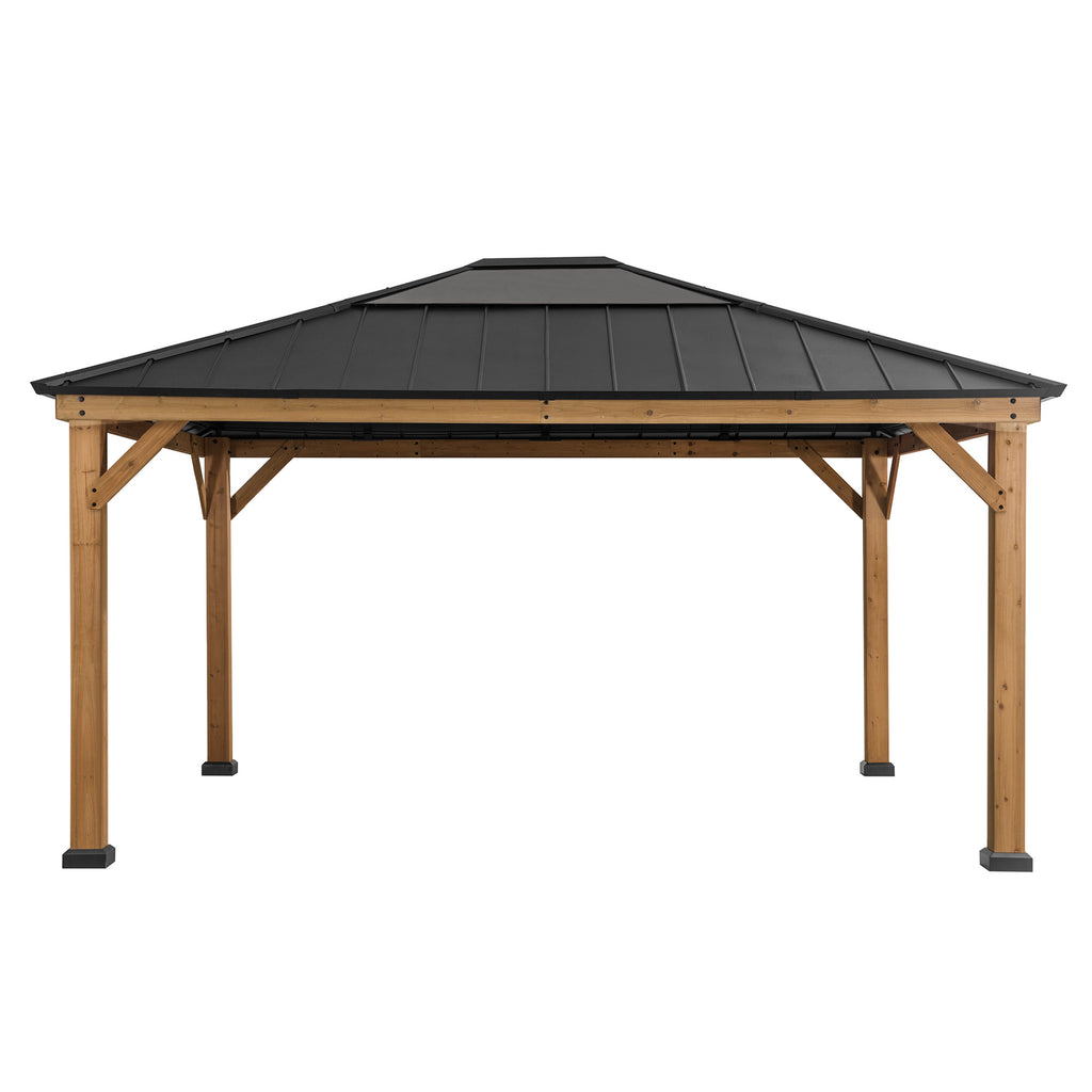 ERNIR 393cm x 452cm Cedar Wood Gazebo with Anthracite Steel Hardtop Roof - front
