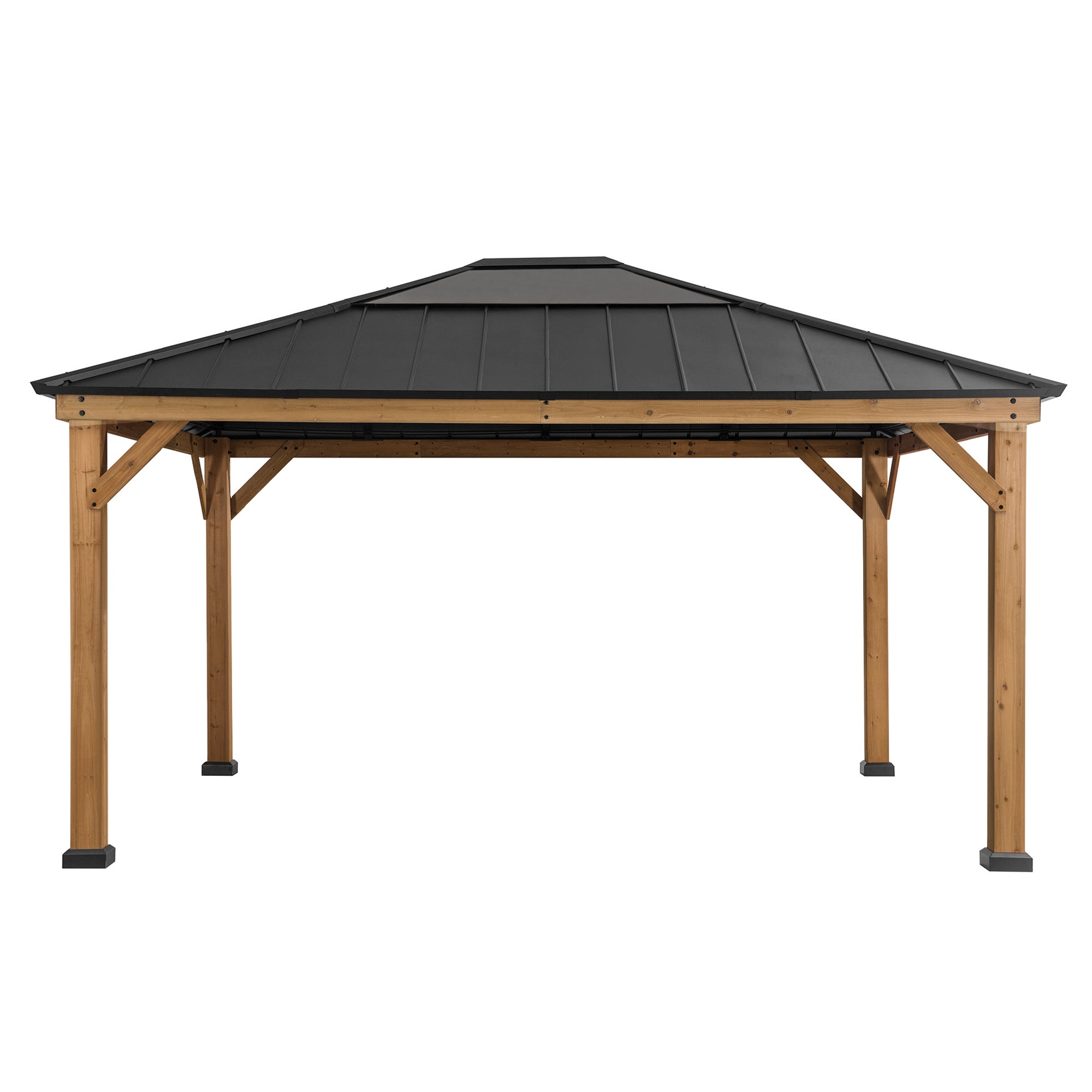 ERNIR 393cm x 452cm Cedar Wood Gazebo with Anthracite Steel Hardtop Roof - front