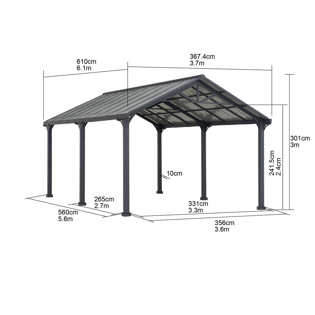 EIGER 367cm x 610cm Gray Steel Carport with Steel Hardtop - dimensions