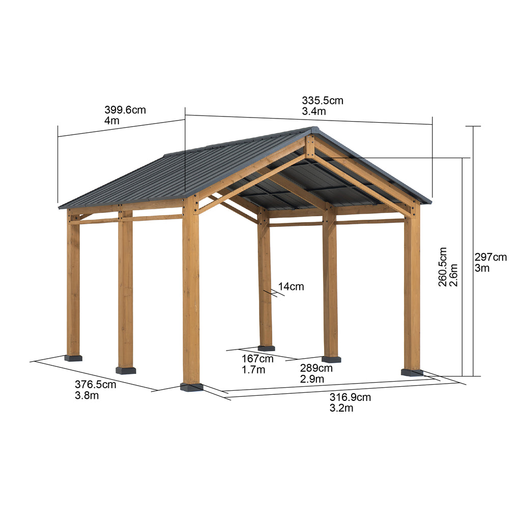KORAB 335cm x 400cm Cedar Wood Carport with Anthracite Steel Roof - dimensions