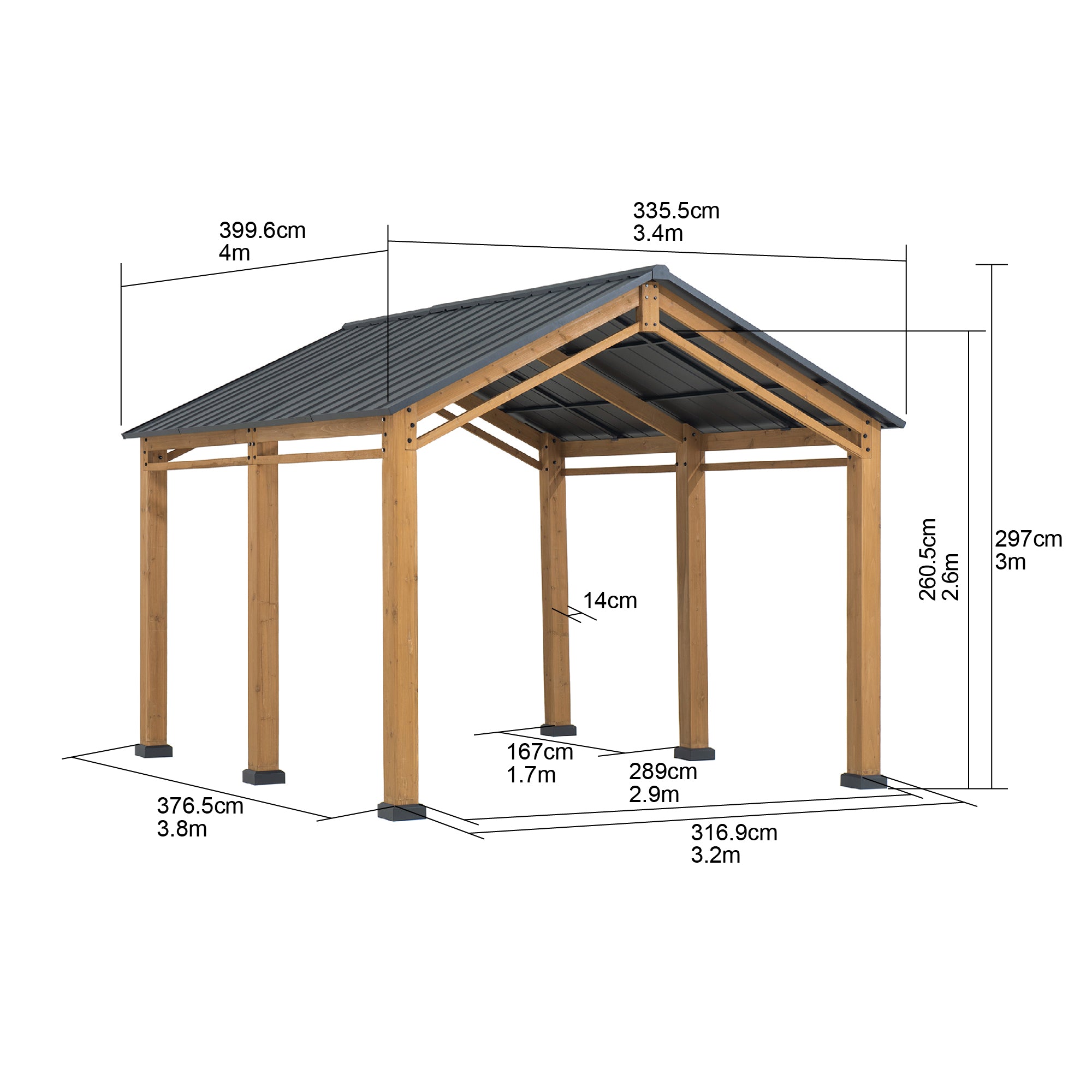 KORAB 335cm x 400cm Cedar Wood Carport with Anthracite Steel Roof - dimensions