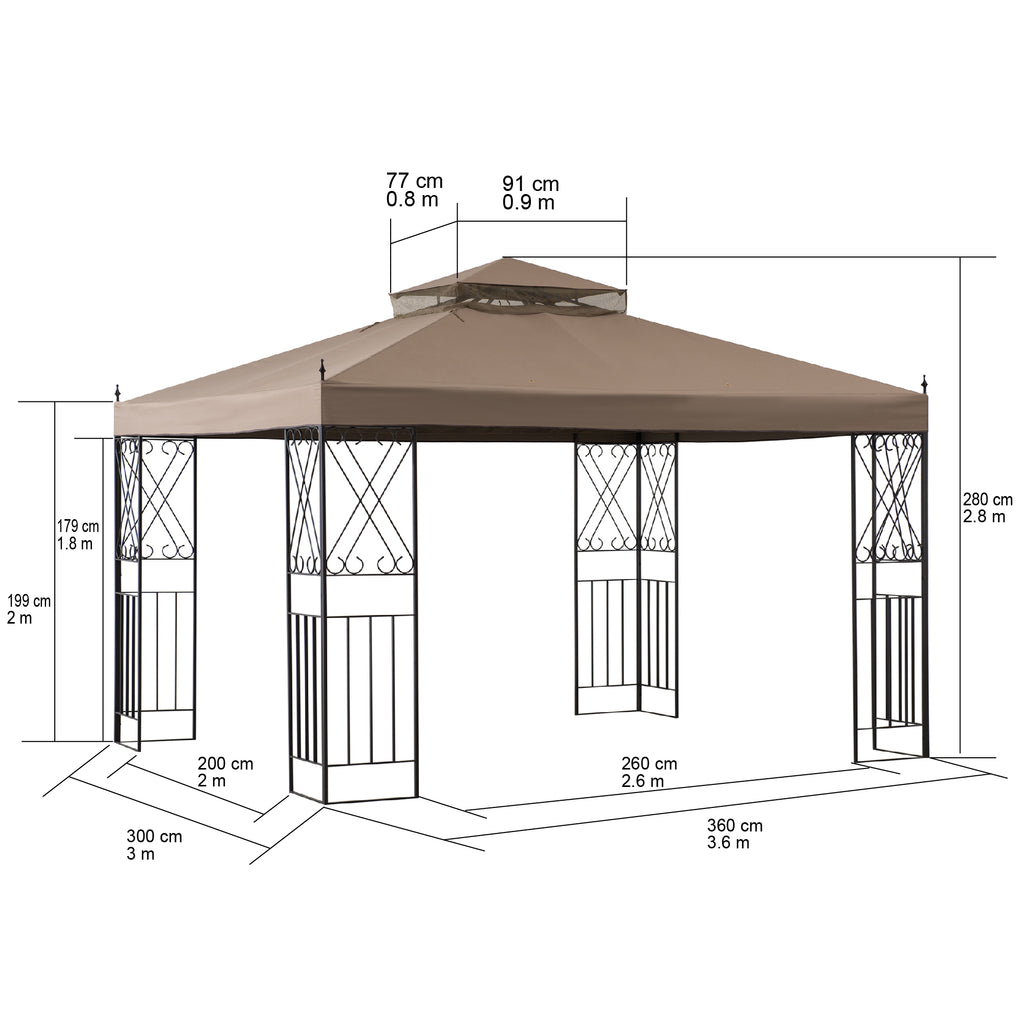 ANETO 305cm x 366cm Steel Canopy Gazebo with 2-tier Khaki Soft Top -dimensions