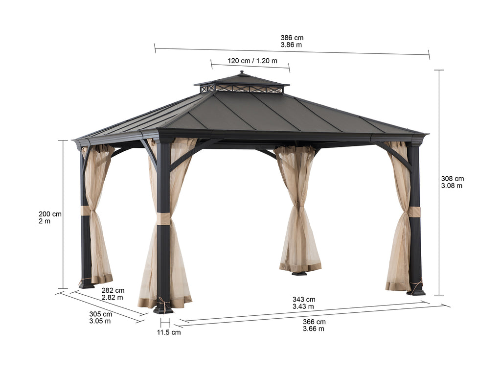 TORRE 385cm x 324cm Black 2-Tier Aluminium Hardtop Gazebo - dimensions
